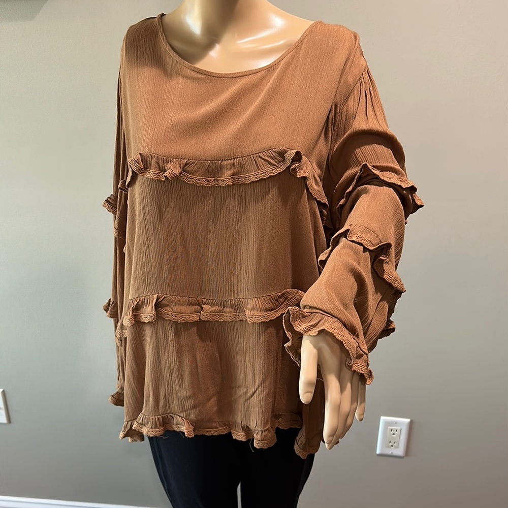 Anthropologie Eri & Ali tiered long sleeve ruffle top XL brown